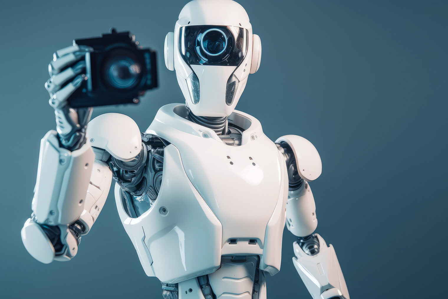 Roboter fotografiert mit Kamera, Fotoapparat, KI, Künstliche Intelligenz, Cyborg. Bild: FatiF / stock.adobe.com