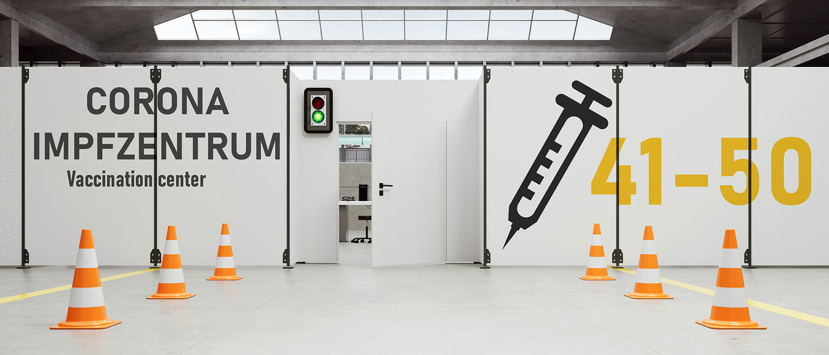 Temporäres Corona Impfzentrum in Lagerhalle mit Ampfel als Zugangsbeschränkung Schlagwort(e): Impfzentrum, Covid-19, Impfstelle, Coronavirus, Impfung, impfen, Impfstoff, Halle, Medizin, Corona-Impfung, Schutzimpfung, medizinisch, Check-In, Registrierung, Ampel, Eingang, Krankheit, Klinik, Pandemie, Covid, Covid19, Corona, niemand, Messe, Lagerhalle, Trennwand, Wand, temporär, Tür, Raum, Interieur, Messehalle, innen, 3D, Renders