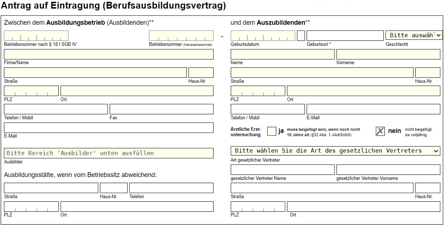 Lehrvertrag online / Screenshot