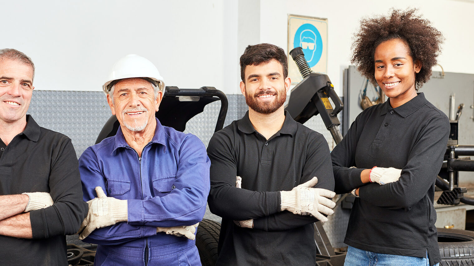 Zufriedenes Mechaniker- und Mechatroniker-Team mit Azubi und Chef in der Autowerkstatt, Kfz. Bild: Robert Kneschke / stock.adobe.com