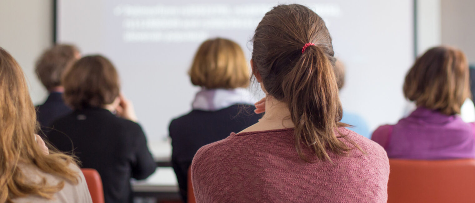 Eine Person betrachtet eine Beamerpräsentation in einem Seminarraum. Fortbildungssituation: Eine Gruppe von Personen sitzt in einem Seminarraum und schaut auf eine Beamerpräsentation.