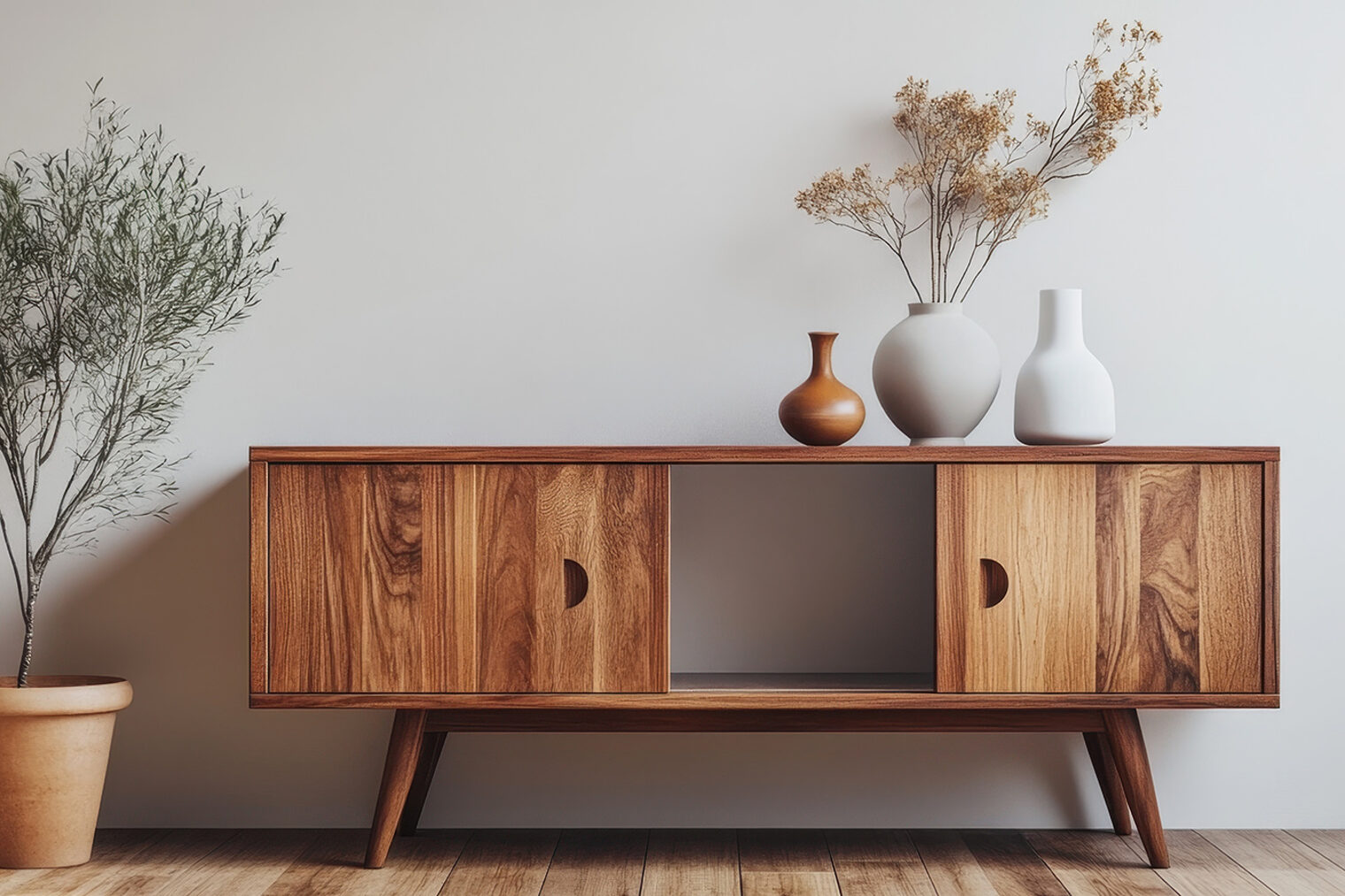 Ein modernes Sideboard mit Deko steht vor einer Wand.