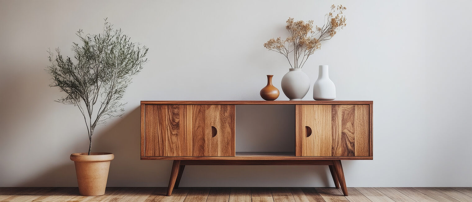 Ein modernes Sideboard mit Deko steht vor einer Wand.