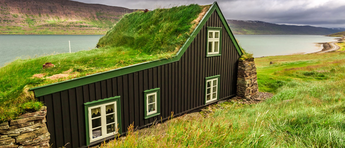Cottage covered with grass on the roof in Iceland Schlagwort(e): iceland, house, grass, roof, small, green, light, traditional, wooden, icelandic, natural, nature, europe, mountain, window, museum, home, rural, old, landscape, outdoors, building, countryside, north, little