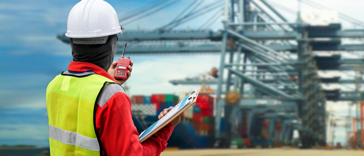 Conceptual image of international logistics, featuring a docker, looking at the unloading of a container ship by huge cranes in the Schlagwort(e): transport, transportation, freight, concept, shipping, port, export, bulk, docker, import, international, modern, huge, goods, technology, hard hat, conceptual, large, logistics, overalls, multinational, economics, economy, coveralls, red, looking at, industrial, safety, containers, commerce, industry, container ship, harbor